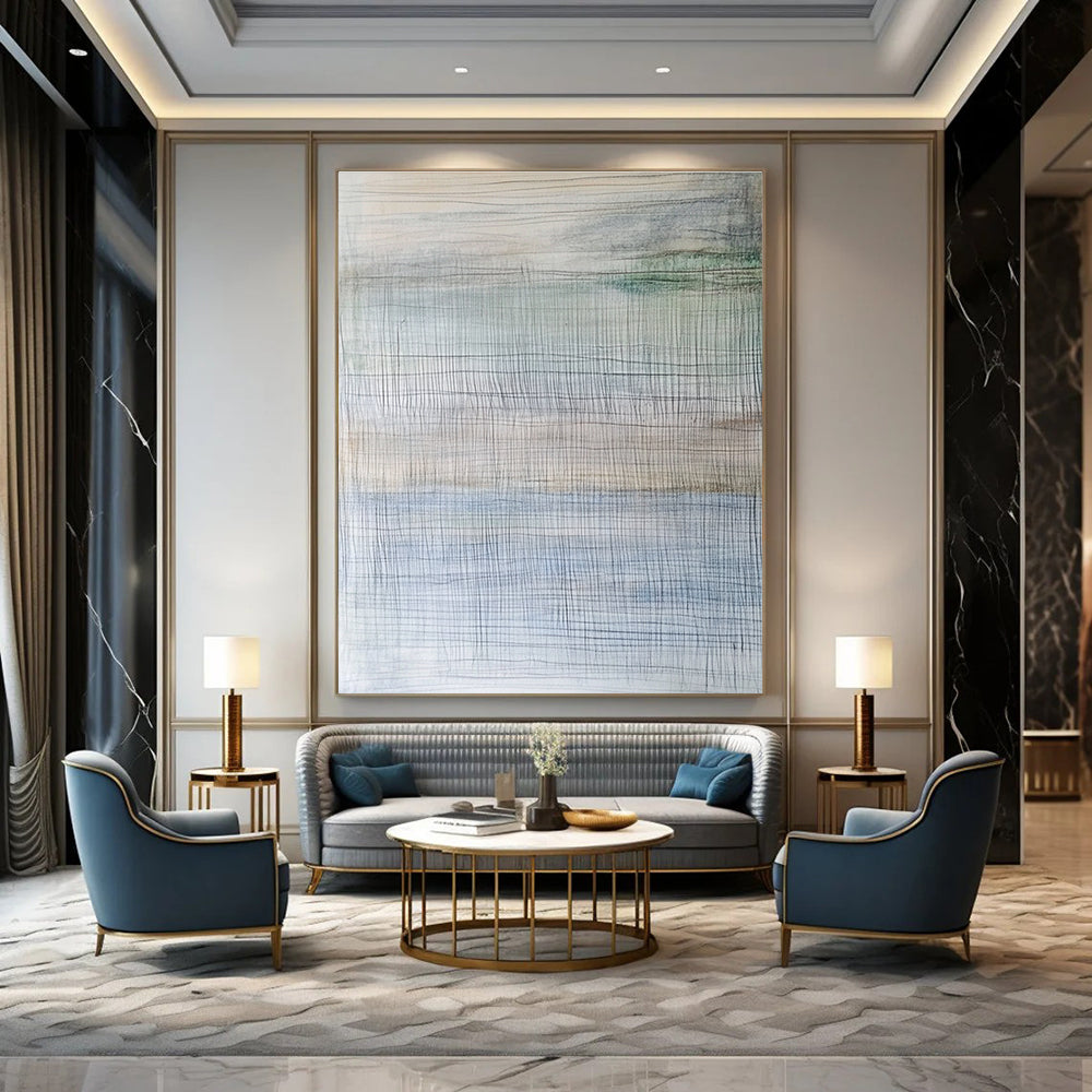 Abstract painting inspired by an ice shelf featuring thin horizontal lines in soft muted watercolor hues.STSC708