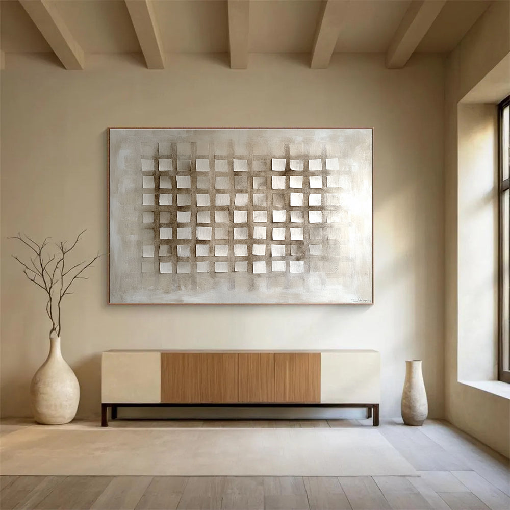Beige and Brown Grid - Patterned Abstract Painting DYP121