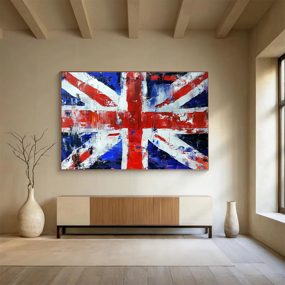 Large abstract painting of the British flag featuring a vibrant palette knife technique for a striking visual impact.SC200