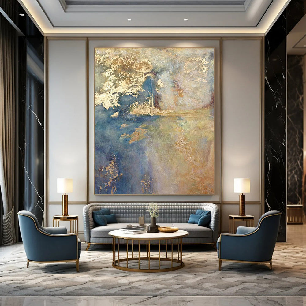 Blue and Gold Abstract Painting with Dreamy Layers ADGE518