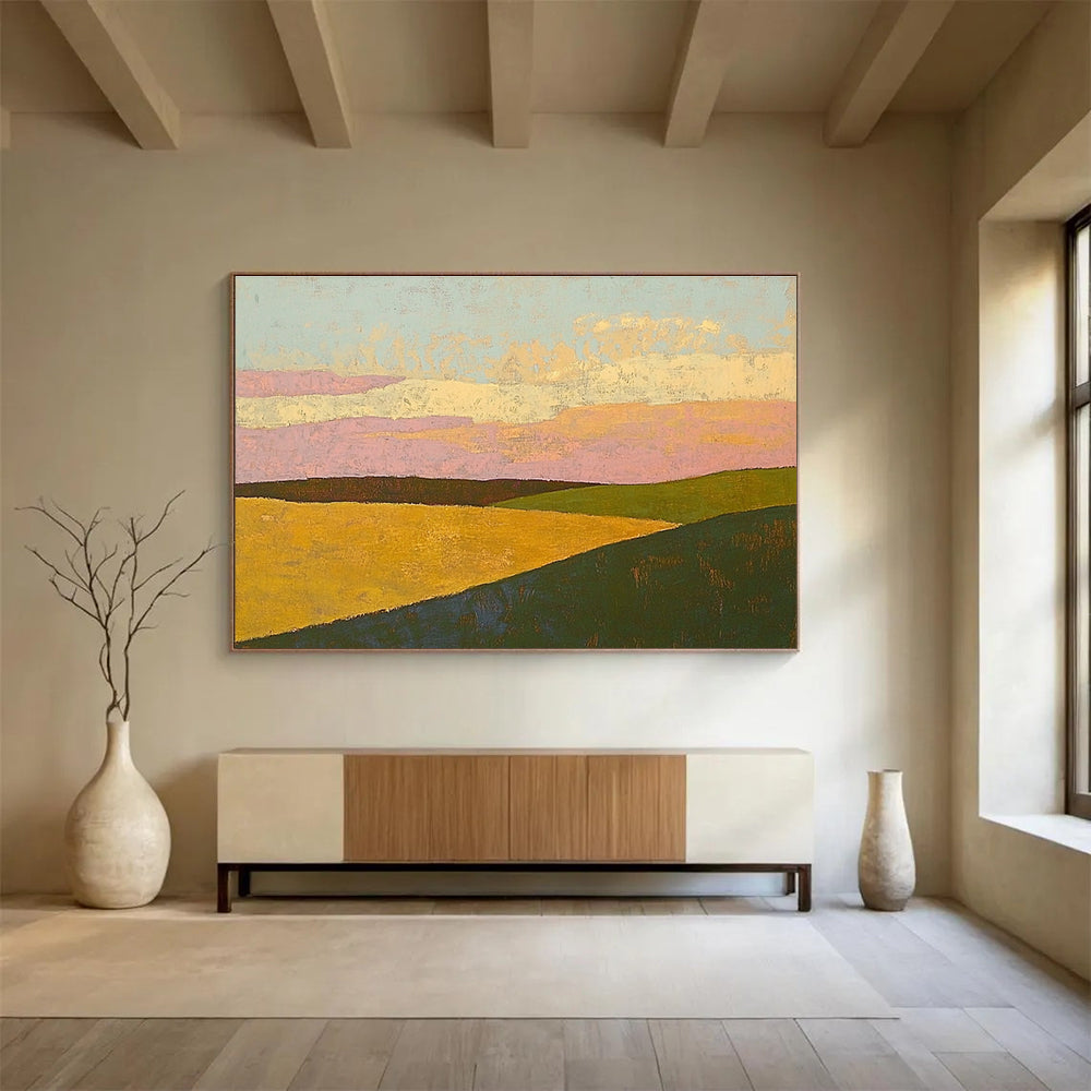 Colorful Hill Landscape Abstract Painting with Pink and Yellow Tones DYP575