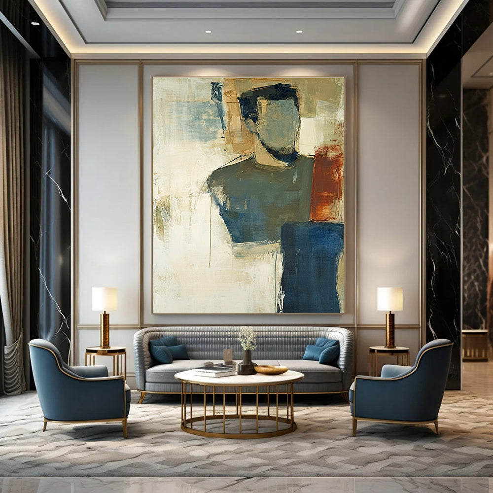 A large abstract painting in earth tones and soft blue with thick impasto strokes and blurred edges showcasing tonalism.STSC624