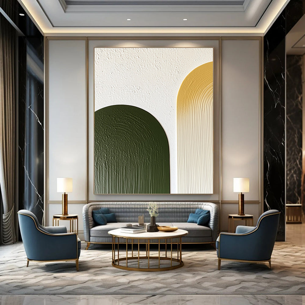 Abstract artwork featuring olive green and mustard yellow half-arches on a textured white wall with minimalist simple lines.STSC964
