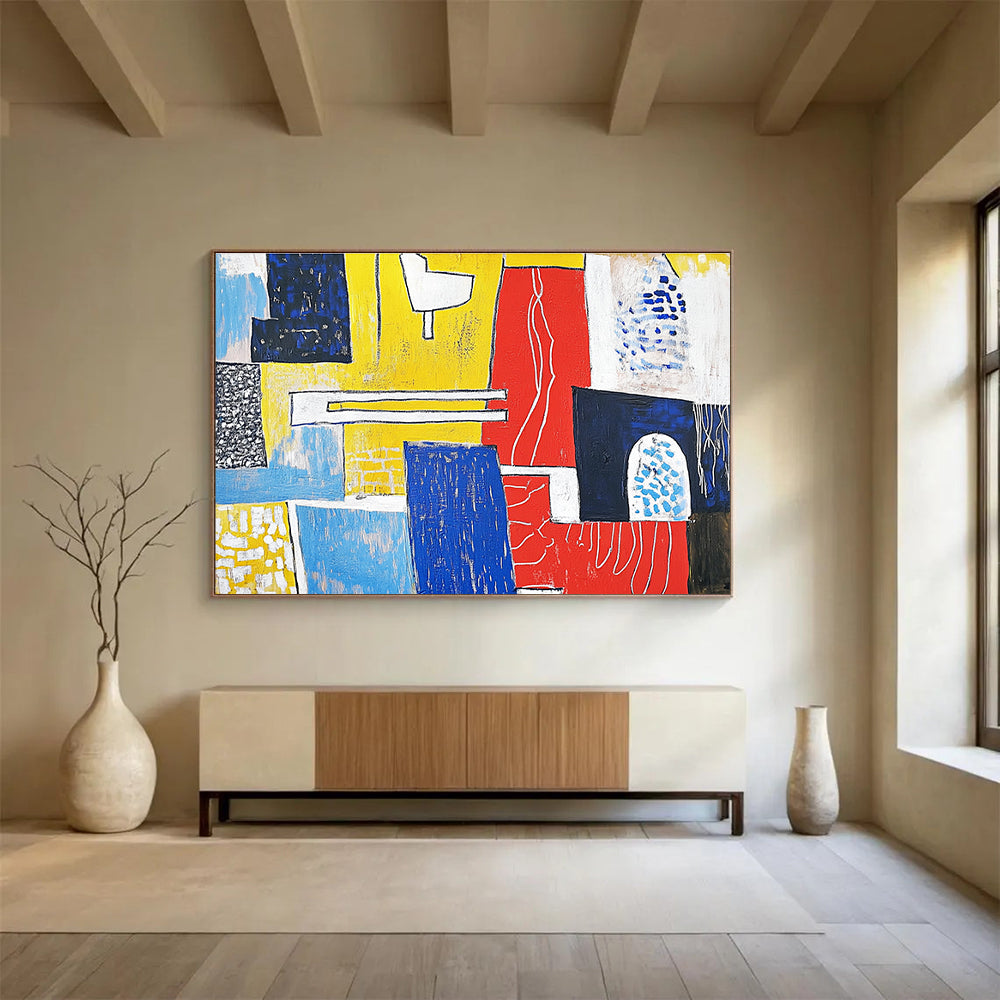 A large abstract painting featuring bold reds and yellows with white lines on blue shapes, capturing urban life and modernist aesthetics.SC516