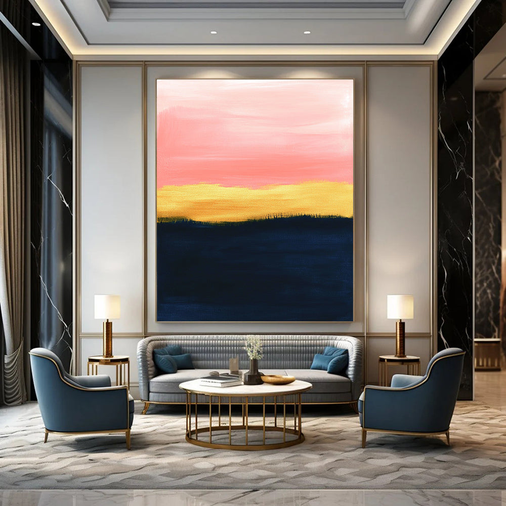 Large abstract painting with a pink sky navy blue ground and golden brown grass featuring soft pastel colors and minimalist design in oil on canvas.STSC1345