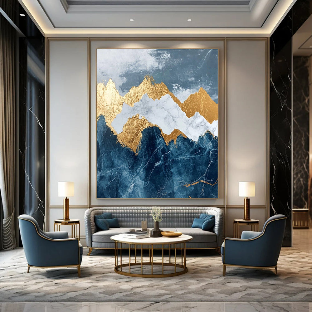 Abstract marble and gold leaf painting of mountains in dark blue and white features intricate details with stunning golden accents.STSC122