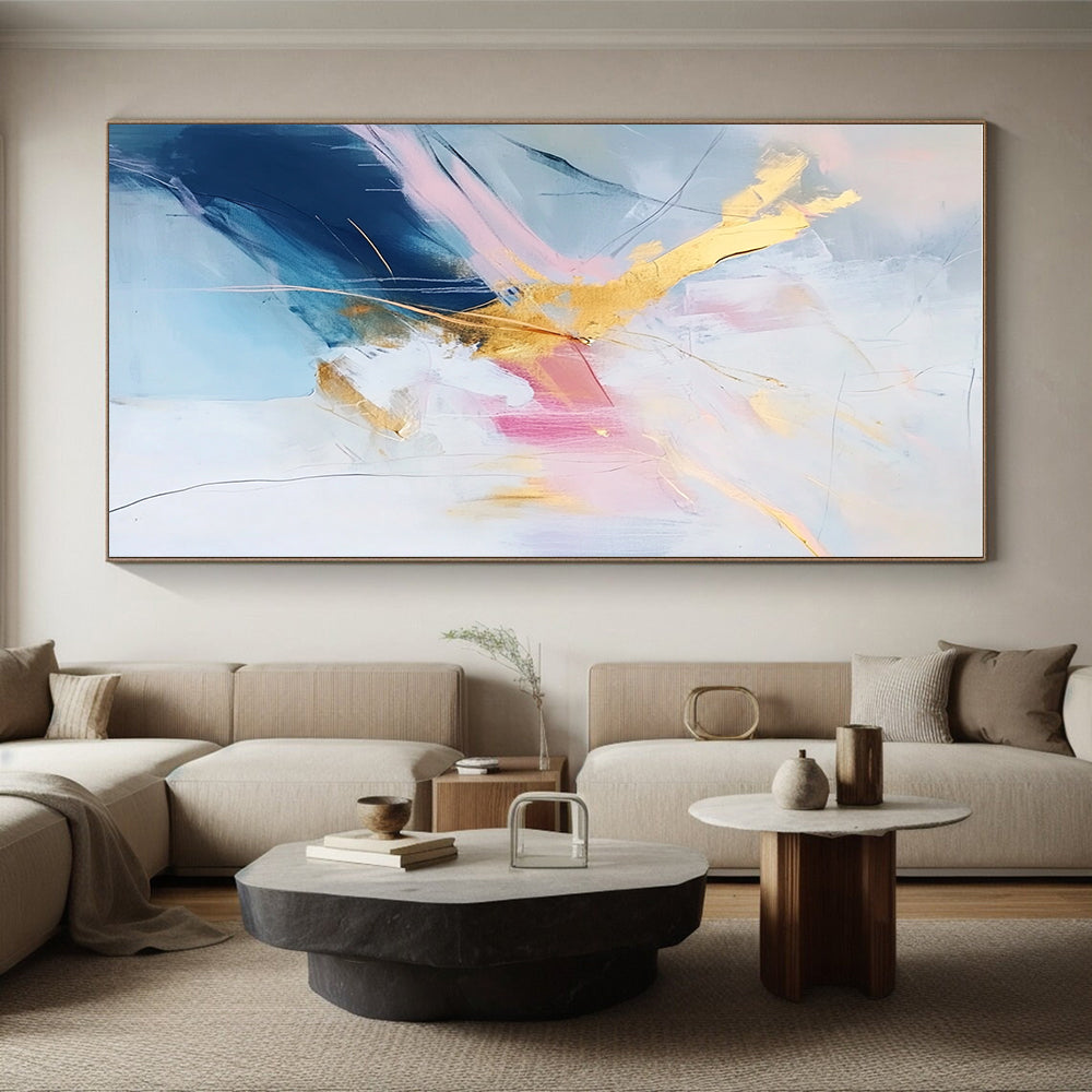 Pastel Gold Abstract Painting with Delicate Lines GER437