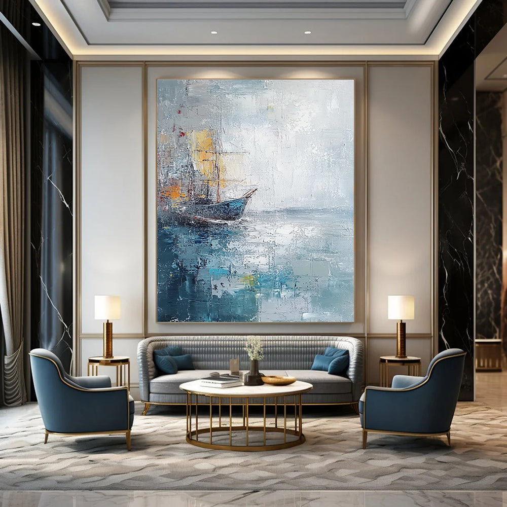 Large abstract painting with muted gray and blue tones featuring a distant ship at sea created with palette knife oil on textured canvas.STSC120