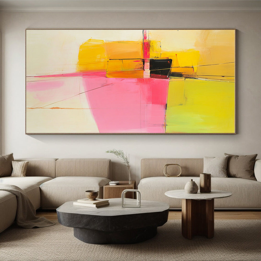 Yellow Pink and Black Abstract Painting with Geometric Forms GER692