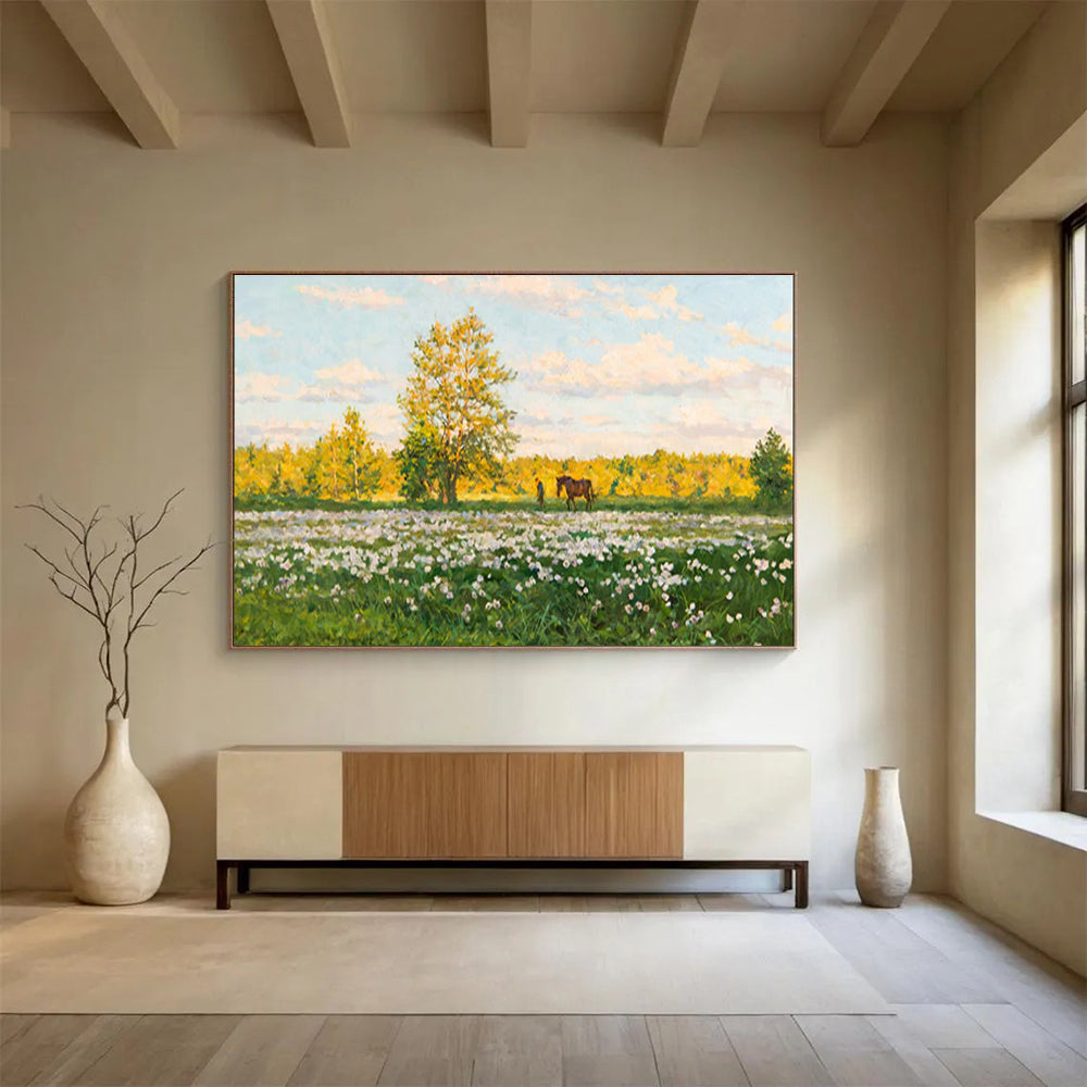 Summer Meadow Abstract Painting with Green, Yellow, and White Tones THY216