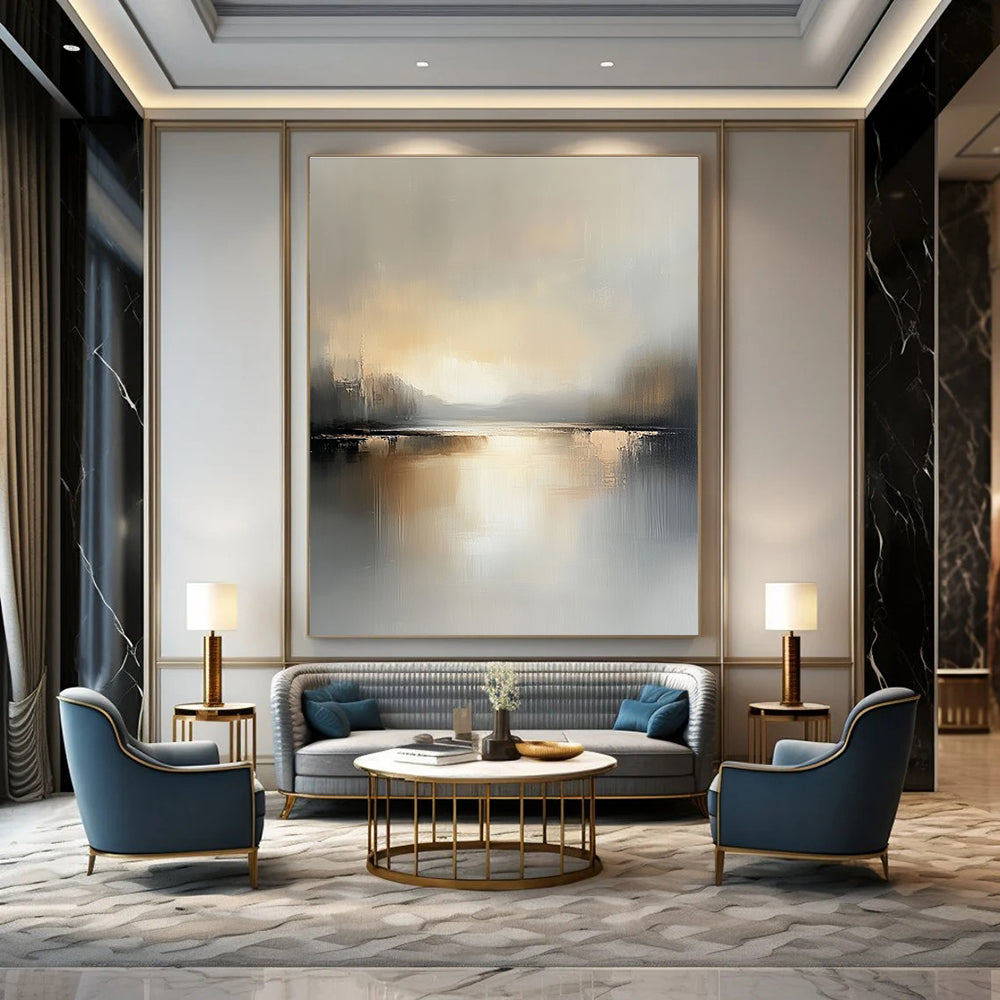Large abstract landscape painting featuring a serene lake and soft gray beige tones capturing the tranquility of golden hour reflections.STSC084