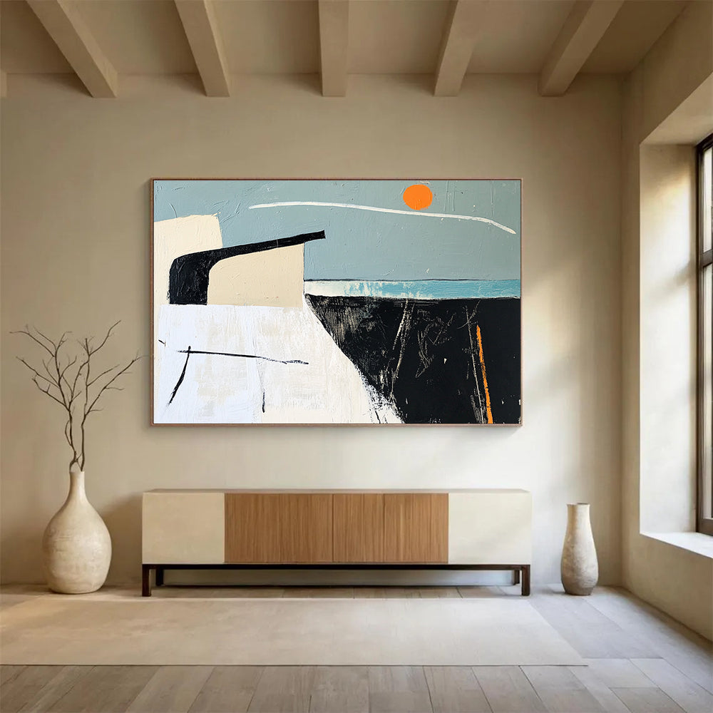 A large abstract painting featuring sea-themed black and white lines, blue and gray blocks, orange accents, and a simple house silhouette against a clear sky.SC388