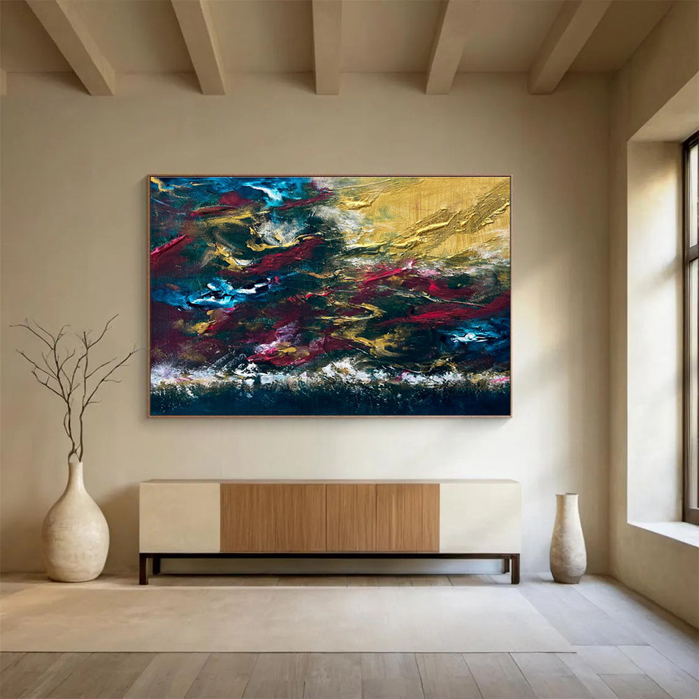 Blue Gold Red Abstract Painting with Rich, Passionate Tones THY383