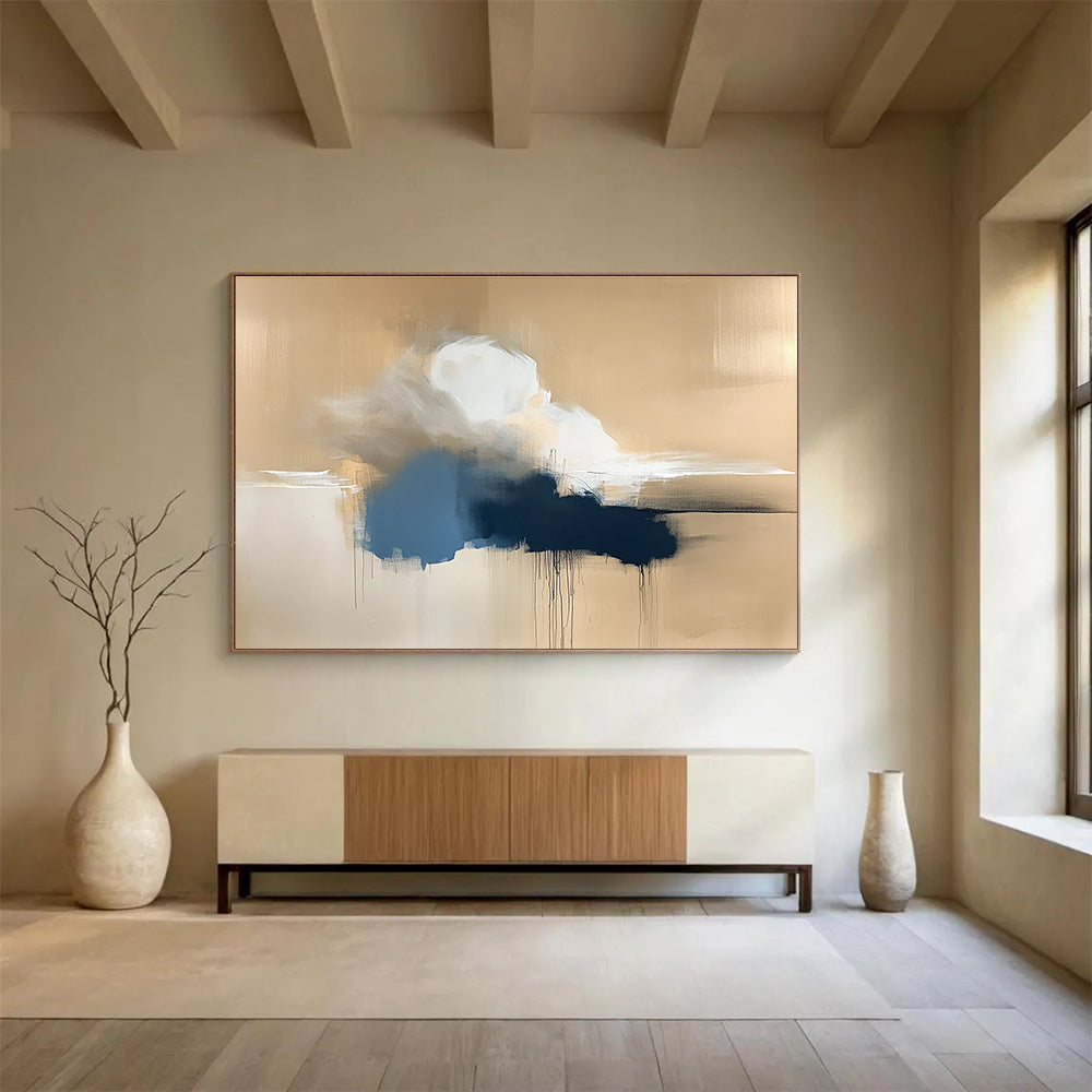 Gold and Blue Cloud Abstract Painting with Dripping Textures DYP319