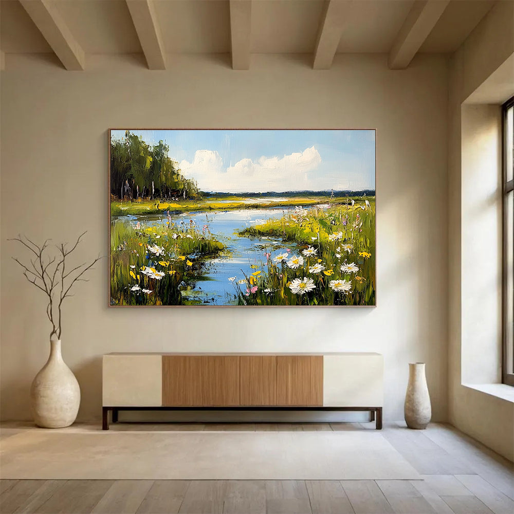 Abstract painting featuring a serene meadow with wildflowers and a reflective river under a sunny sky enhanced by gentle clouds.SC600