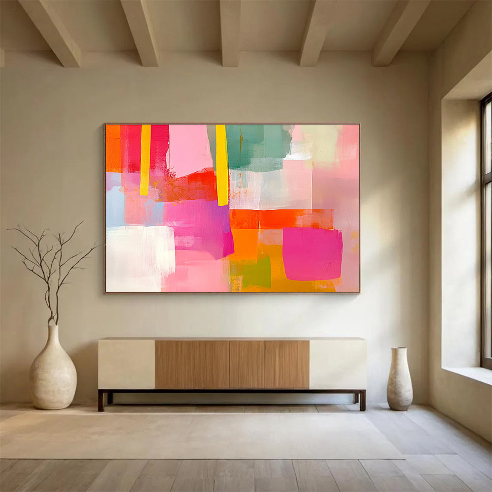 Extraordinarily vibrant abstract painting with soft pink and bright orange shapes complemented by yellow lines in a collage-style composition featuring pink and green hues.SC256