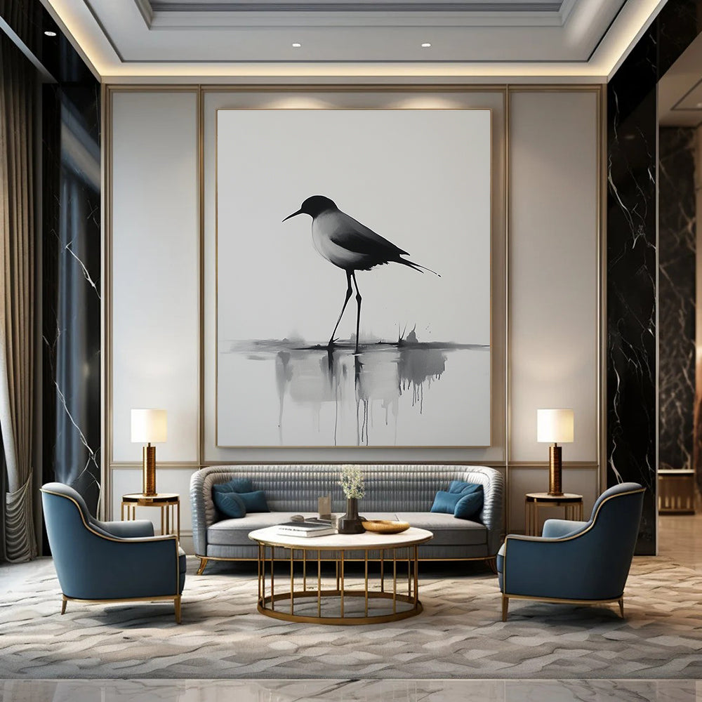 Abstract painting of a long-legged bird walking on water with minimalistic lines and reflections captured in morning light in a close-up view.STSC911
