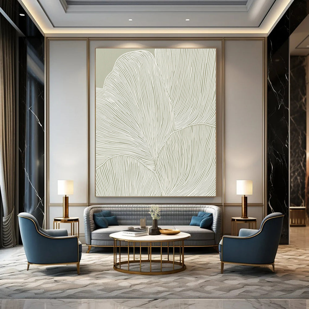 Large abstract art features elegant white line petals on soft gray beige paper creating a tranquil minimalist pattern with seamless curves.STSC1483