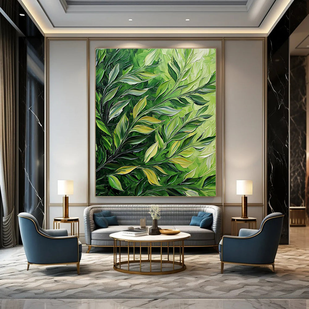 Huge abstract painting featuring thick brush strokes of green leaves on a dark background showcasing detailed foliage in acrylic and oil.STSC1130