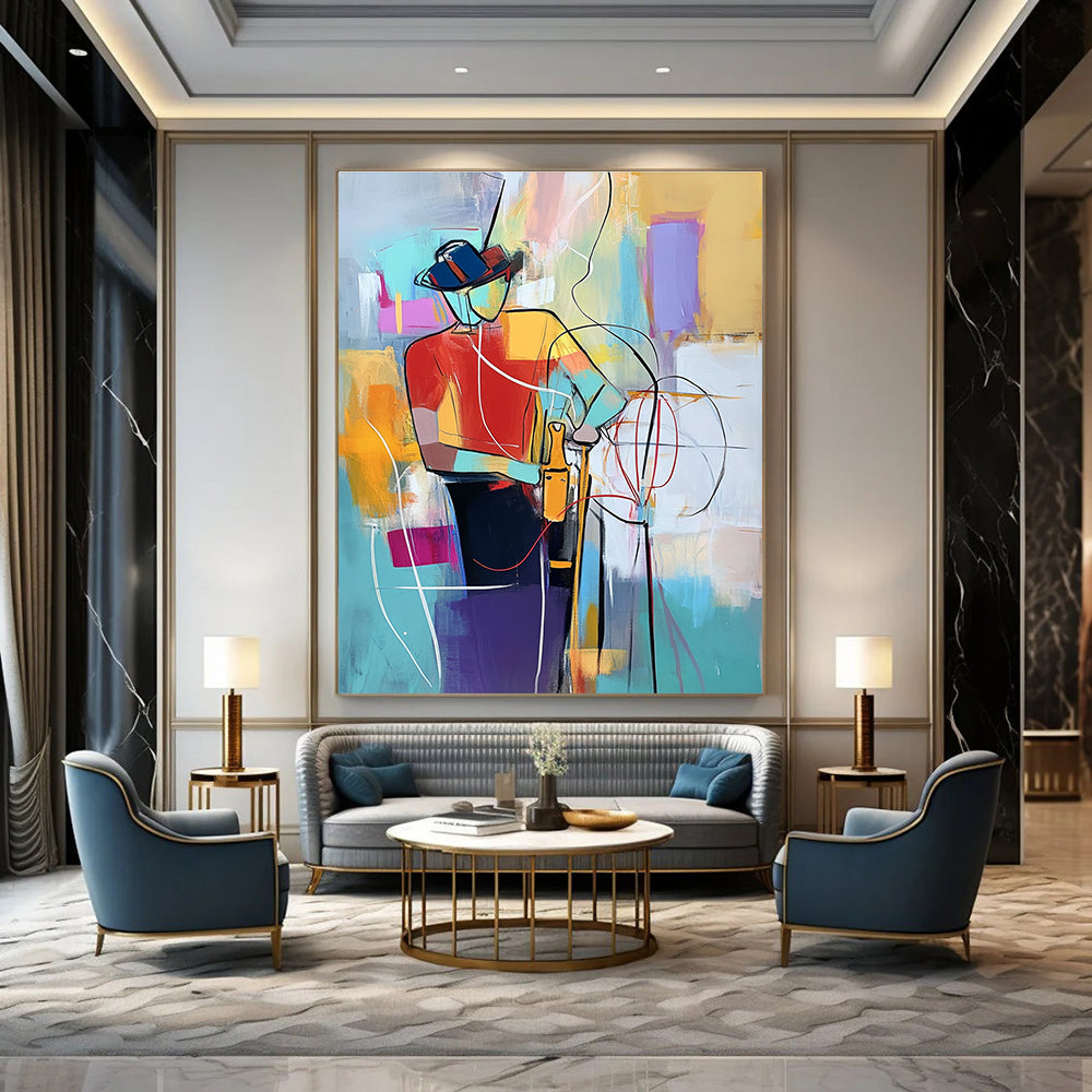 Large abstract painting of an electrician with vibrant colors dynamic lines and geometric patterns showcasing energy and creativity in the craft.STSC554