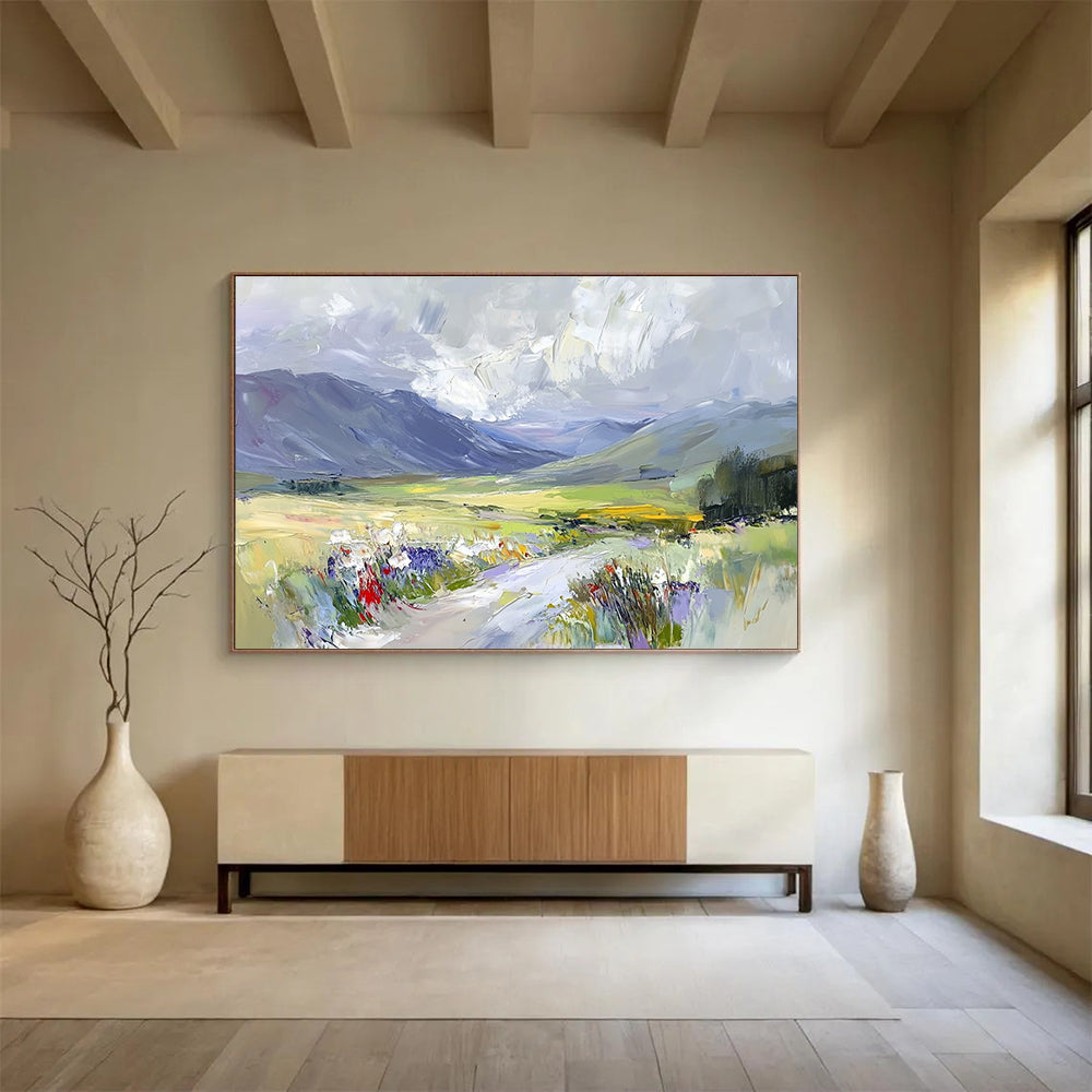 A large abstract painting capturing Scottish glens with soft clouds and vibrant colors offering an impressionistic, dynamic landscape experience.SC473