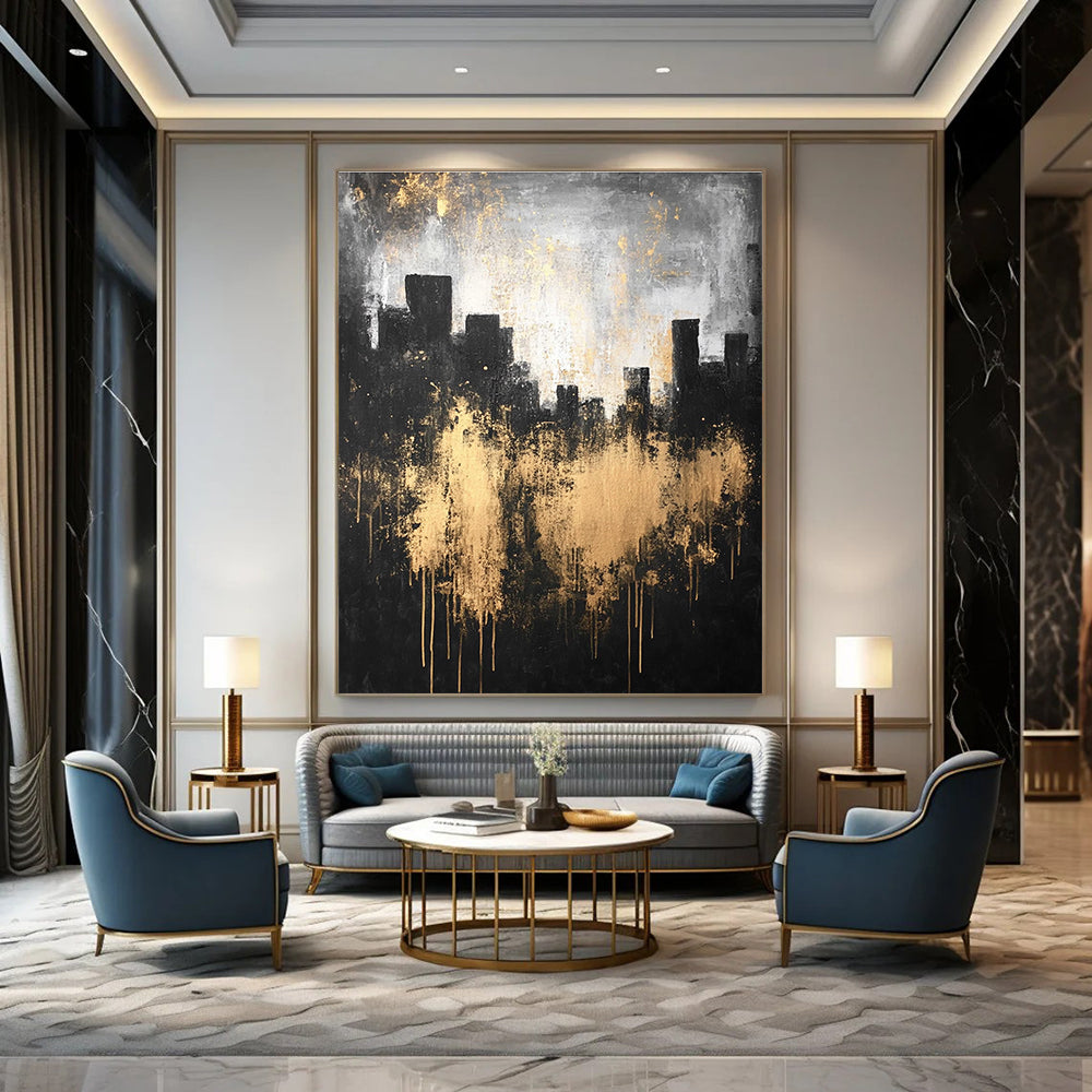 Large abstract painting featuring a city silhouette in dark gray and light gold with textured canvas and atmospheric lighting.STSC216