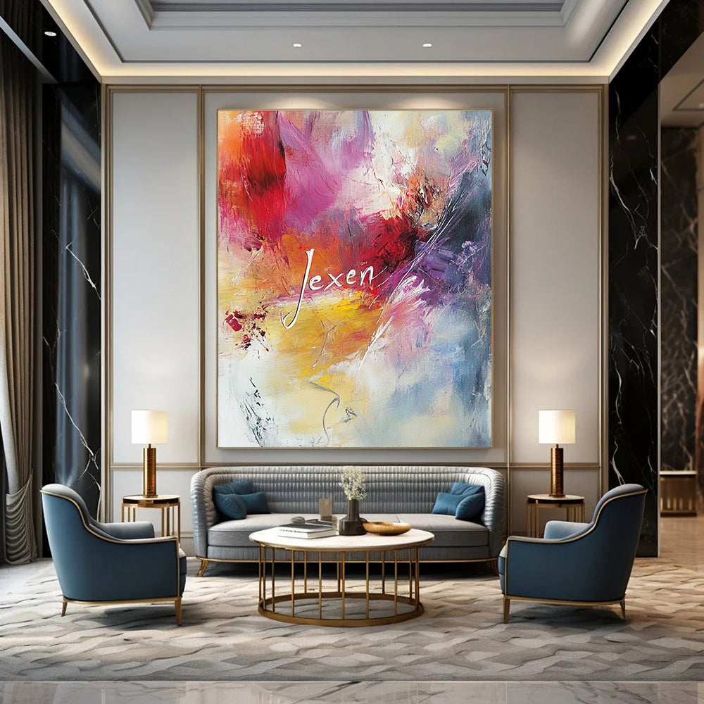 Large abstract painting with pastel colors featuring the word Jexen in elegant script surrounded by swirling patterns evoking tranquility and creativity.STSC802