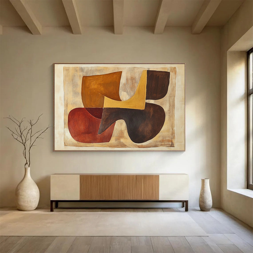 Large abstract painting inspired by Jean Arp featuring organic shapes in earthy browns and oranges.SC514
