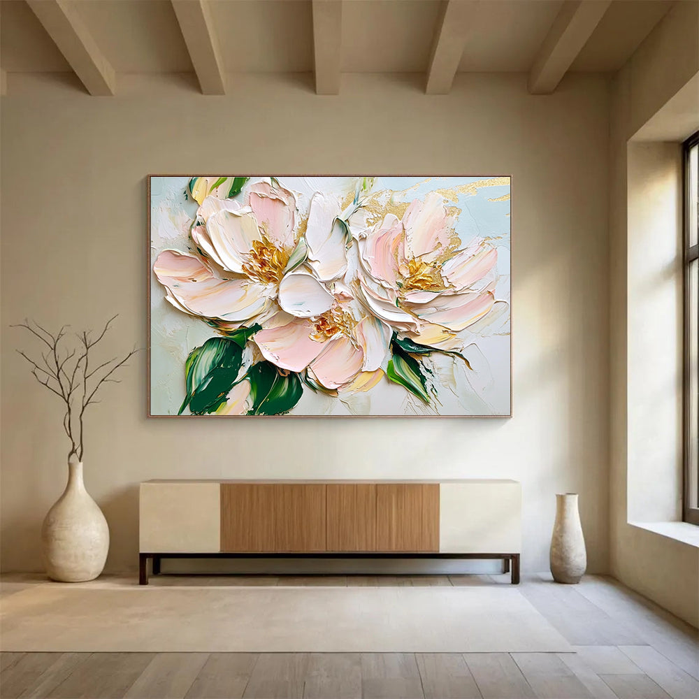Large abstract oil painting featuring light pink and white flowers with green leaves and gold accents in a thick brushstroke palette knife style.SC123