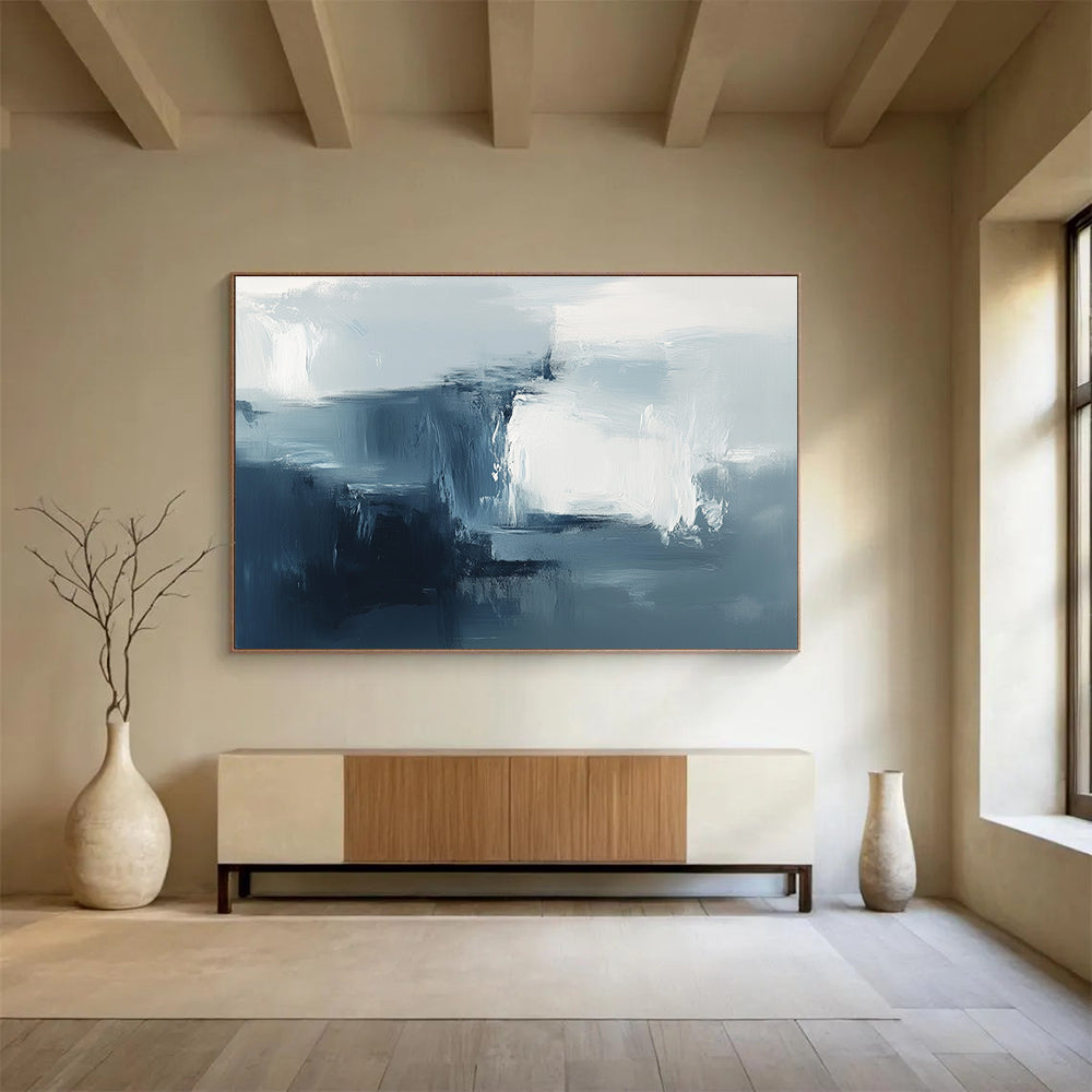 Large abstract painting with soft brushstrokes and a dreamy atmosphere featuring cool tones and minimalistic design elements to create a sense of mystery.SC232