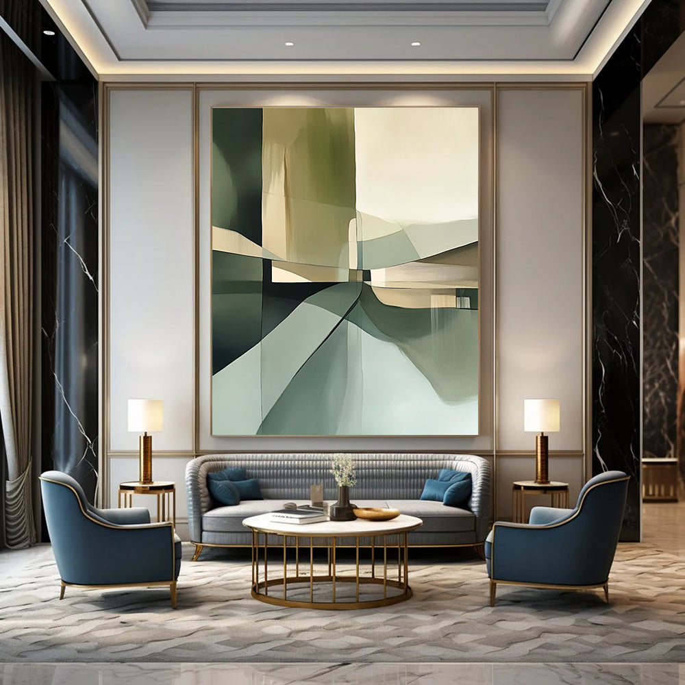 Large abstract painting in neutral green tones featuring brush strokes soft focus muted colors geometric shapes and a detailed textured composition.STSC114