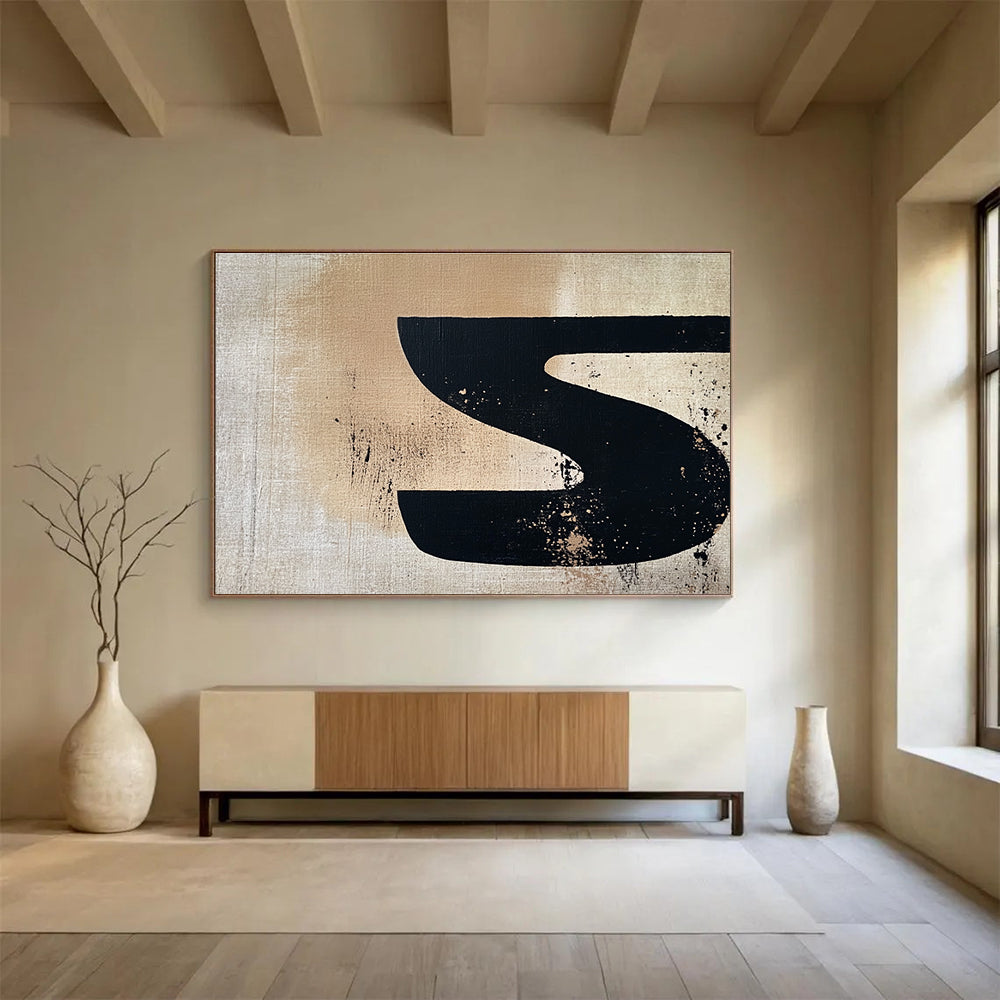 Black S - Shaped on Beige Abstract Painting DYP094