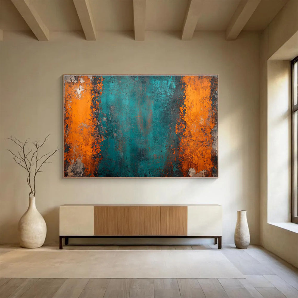 Teal Orange Abstract Painting with Bold, Industrial Edge THY408