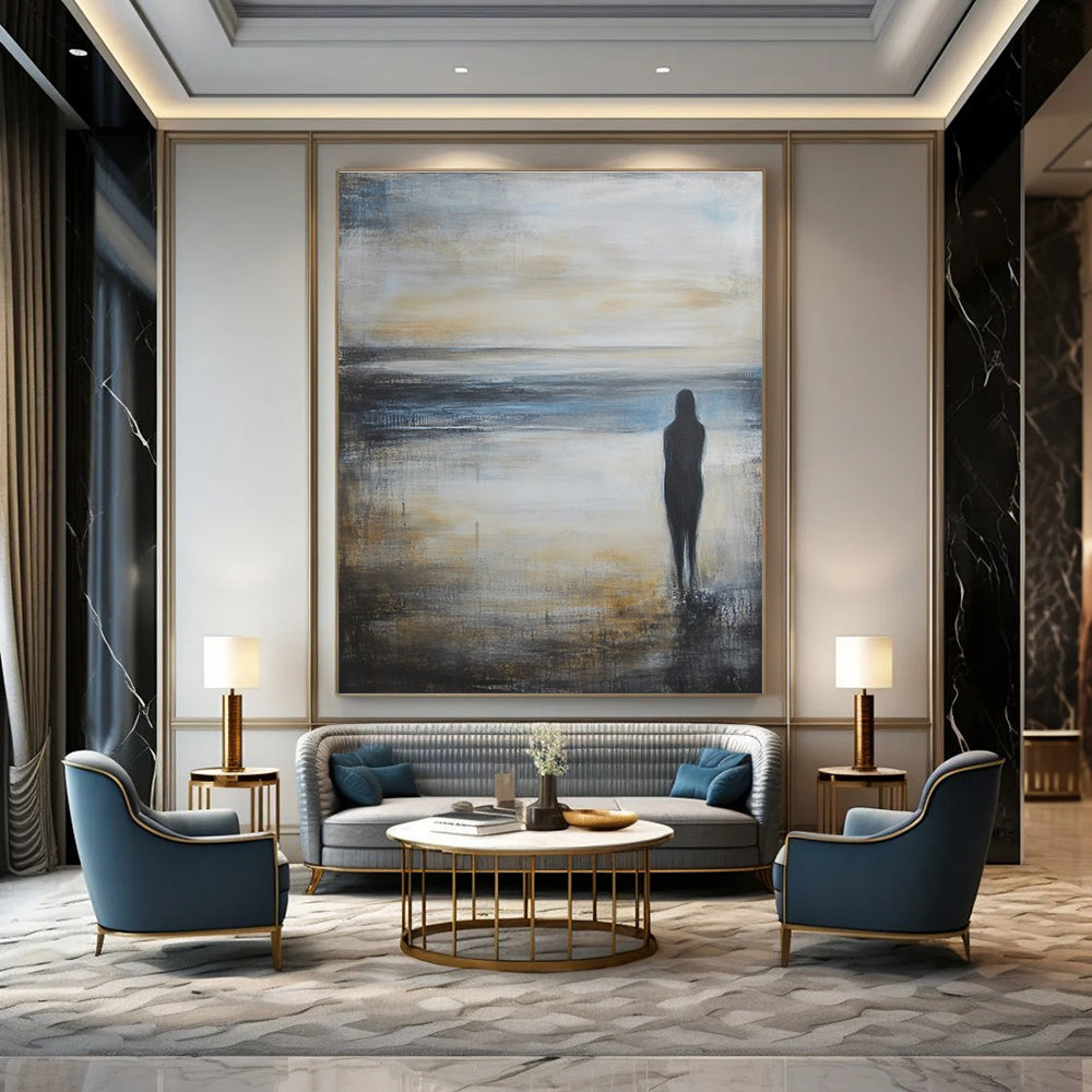 Large abstract oil painting of an empty beach at sunrise featuring calm sea and sky in grey blue and beige shades.STSC586