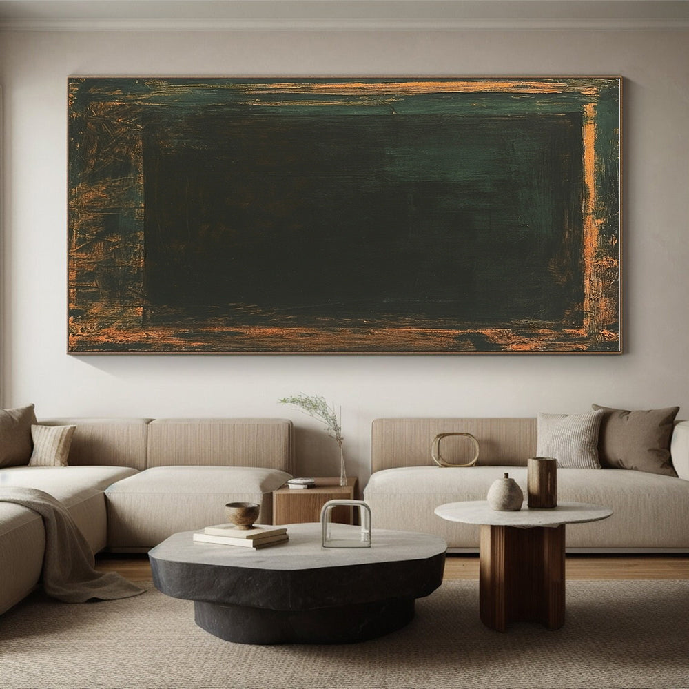 Dark Green and Brown Abstract Painting with Enigmatic Forms GER089