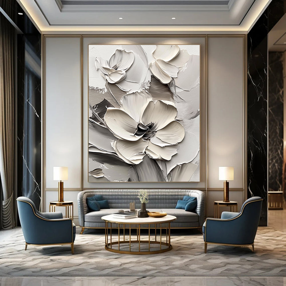 Large abstract painting of white flowers in thick impasto style on a white background, creating a striking monochromatic effect.STSC513
