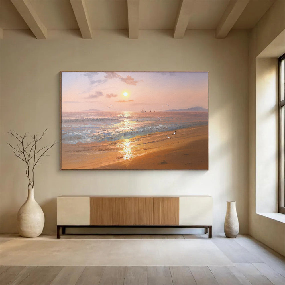 Serene Seaside Sunset Abstract Painting with Warm Coastal Tones THY271