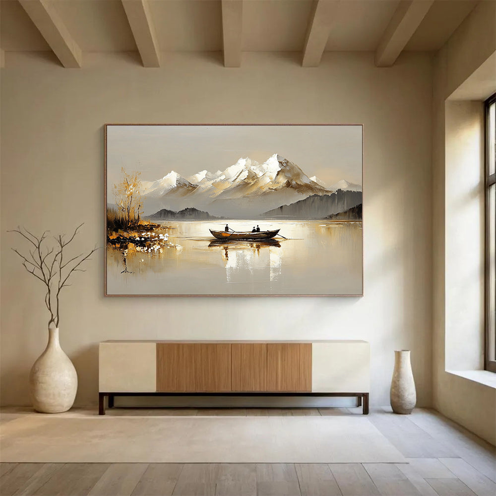Lake and Snowy Peaks Serene Abstract Painting with Neutral and White Tones DYP605