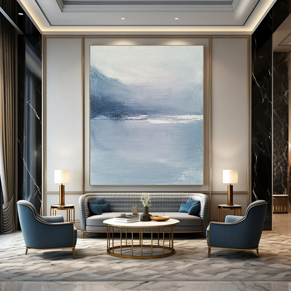 Abstract blue-gray sea artwork featuring a soft misty atmosphere inspired by Whistler's style designed to enhance any elegant space.STSC029