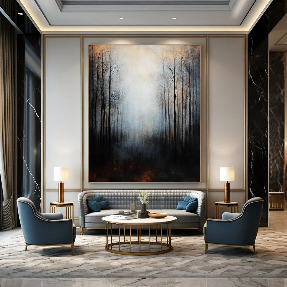 Large abstract painting depicting misty forest trees in dark tones with a surreal ambiance and intricate details for a moody atmospheric effect.STSC061