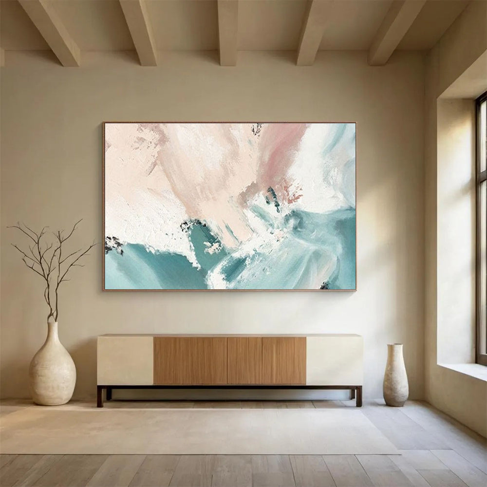 Soft Color Splash Abstract Painting with Pink, White, and Teal Hues THY182