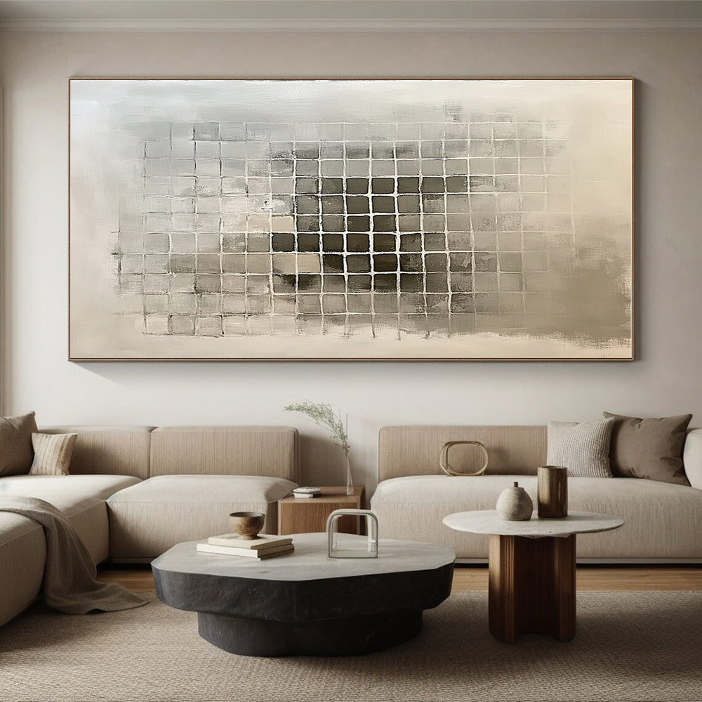 Gray - Toned Grid Abstract Painting with Subtle Variations GER227