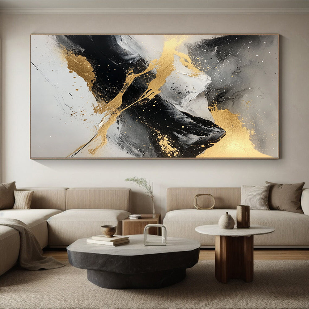 Gold - Splashed Mountain Abstract Painting with Black, White, and Gold GER320