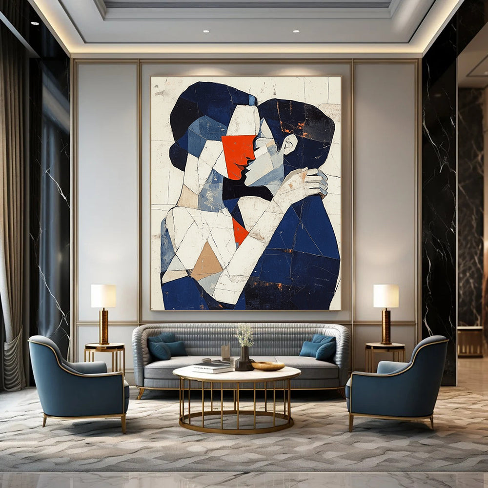 Abstract painting of a man and woman embracing in dark blue white and red tones with deconstructed tailoring and minimal background.STSC1055