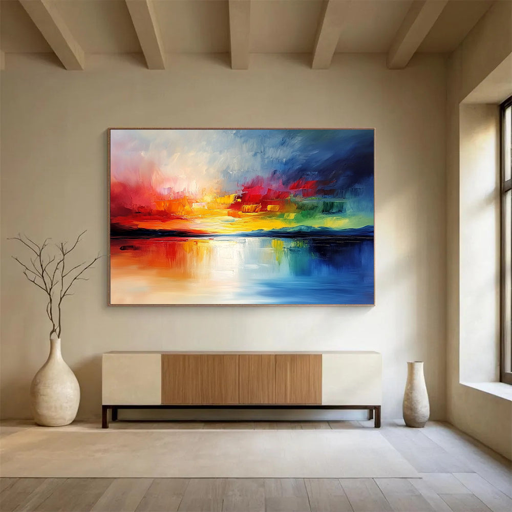 Large abstract painting featuring vibrant clouds and reflective water in rich colors creating a stunning visual impact through heavy texture and bold brushstrokes.SC076