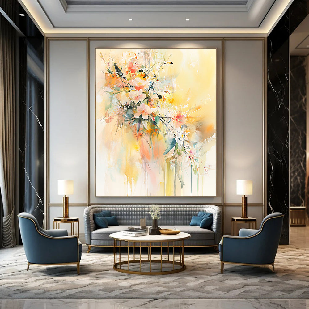 Large abstract watercolor painting featuring flowers and leaves with delicate birds on a light yellow background in soft pastel tones.STSC501