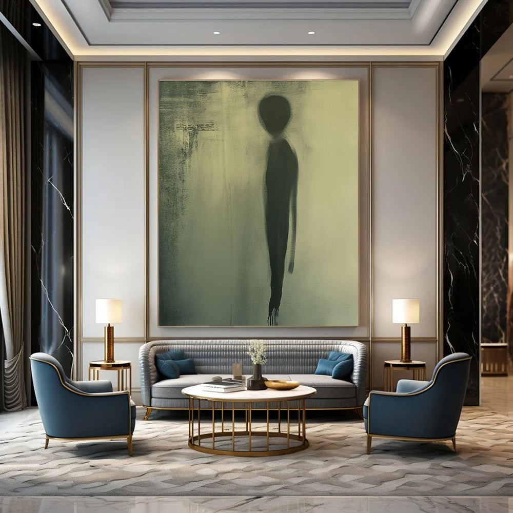 Large abstract painting featuring a faint oval silhouette in muted green tones creating an atmosphere of mystery and intrigue.STSC992
