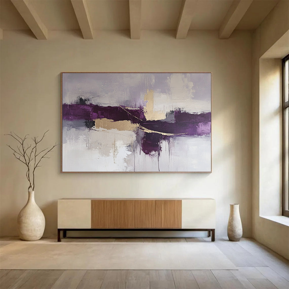 Large abstract painting in purple and gray tones with beige accents featuring thick loose brush strokes for a dynamic artistic expression.SC088