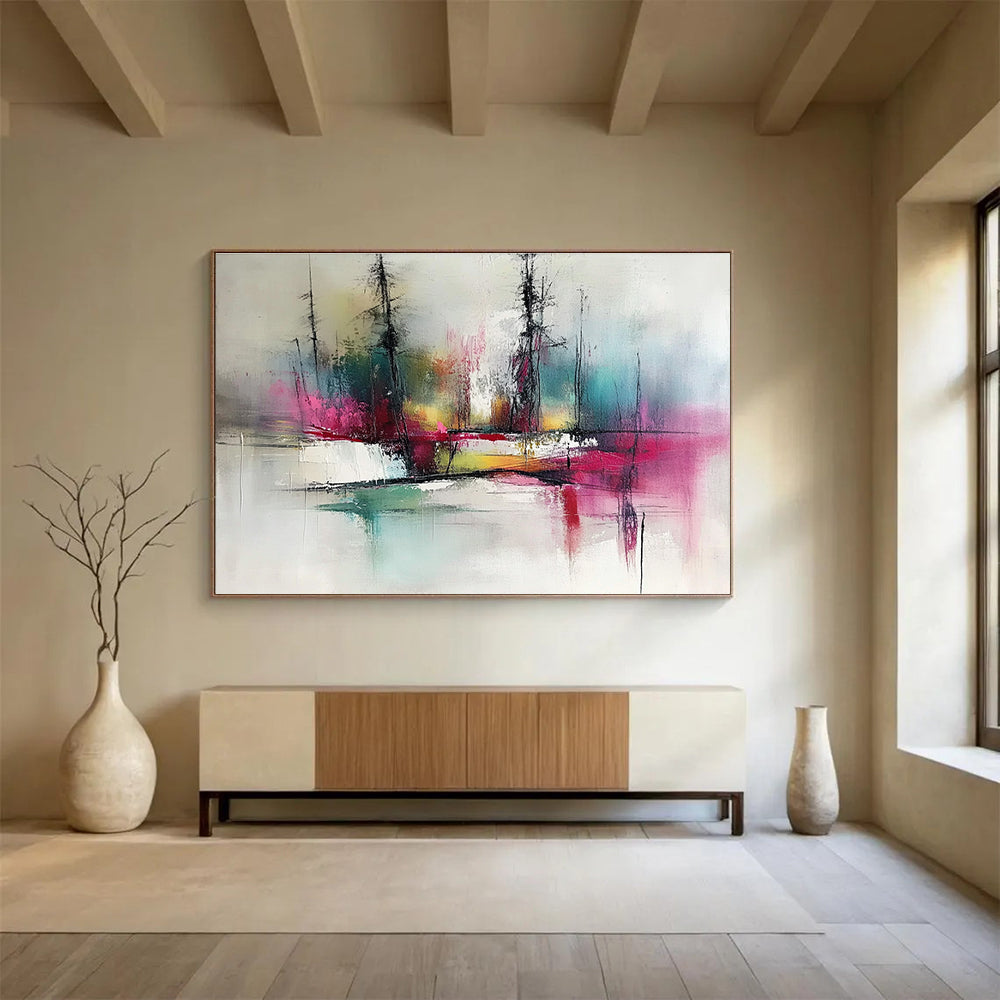 Colorful Forest Reflection Abstract Painting with Vibrant Trees and Water DYP249