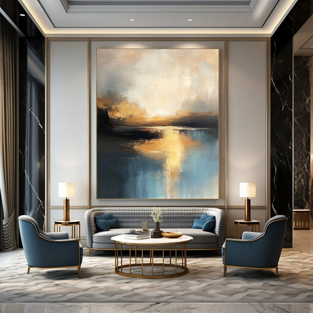 Large abstract oil painting of the sea in muted light blue and dark beige hues capturing the golden hour with textured brushstrokes and reflective water.STSC198